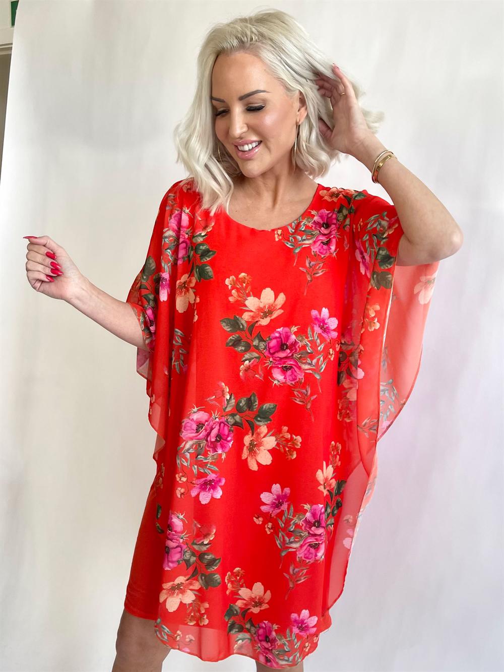 Kenya Flower - Tunikaklänning med chiffonglager i blommigt tryck